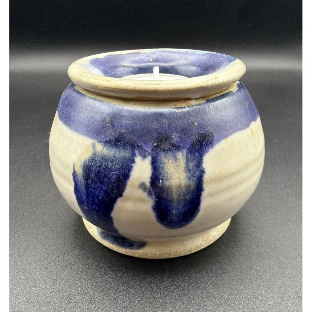 VTG Studio Art Pottery Tea Light Candle Holder Blue Artist Signed Handmade
